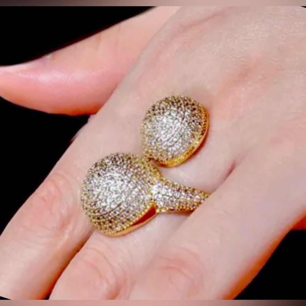 Haute 8K Yellow Gold Finish Ball Bypass Ring Micro Pavé Clear CZ Ring Adjustable